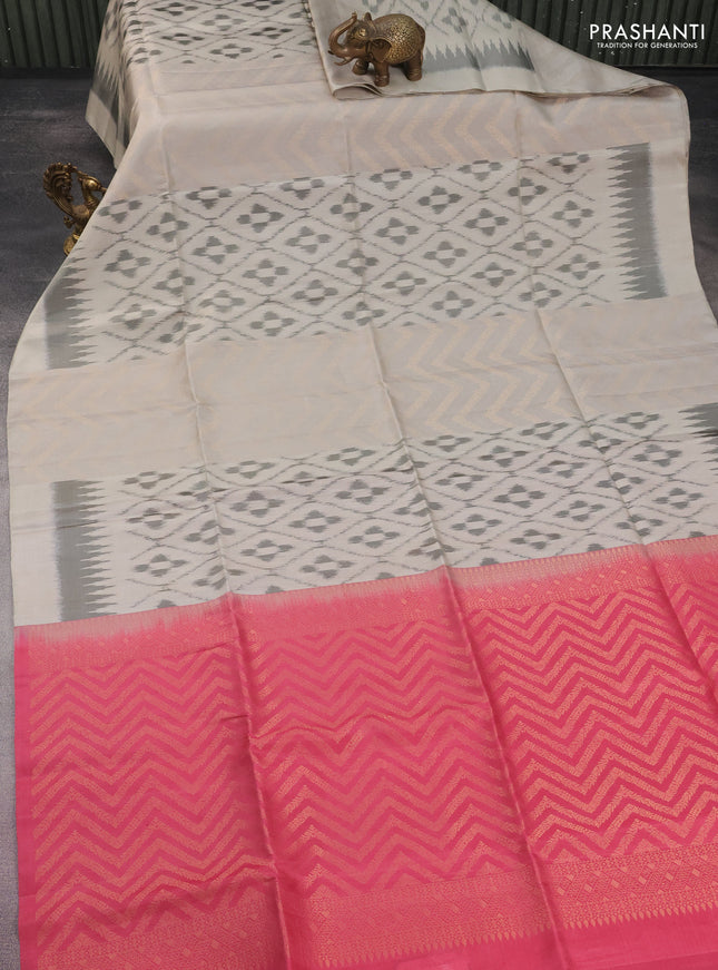 Ikat soft silk saree beige and dark peach pink with allover zari & ikat weaves in borderless style