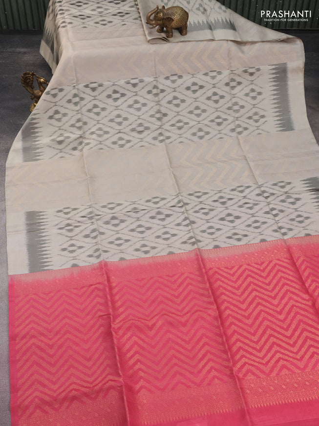 Ikat soft silk saree beige and dark peach pink with allover zari & ikat weaves in borderless style