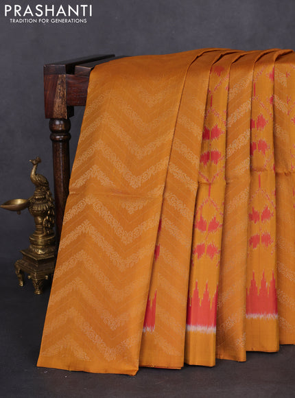 Ikat soft silk saree dark mustard and pink with allover zari & ikat weaves in borderless style