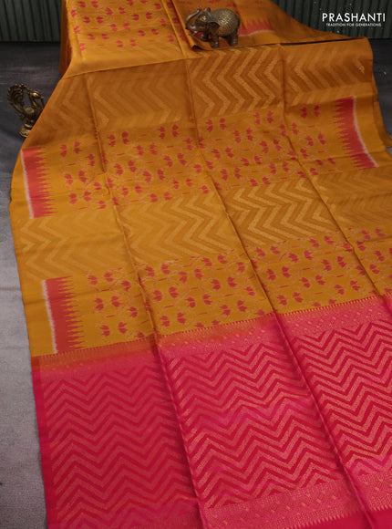 Ikat soft silk saree dark mustard and pink with allover zari & ikat weaves in borderless style