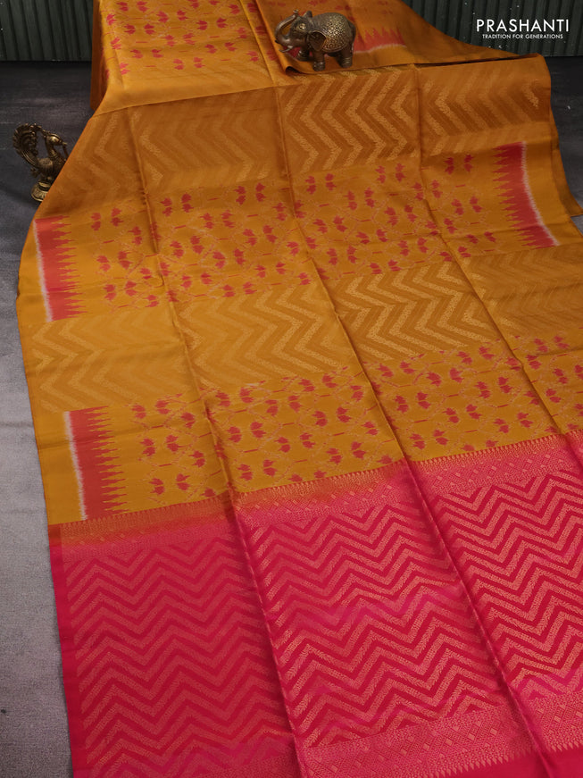 Ikat soft silk saree dark mustard and pink with allover zari & ikat weaves in borderless style