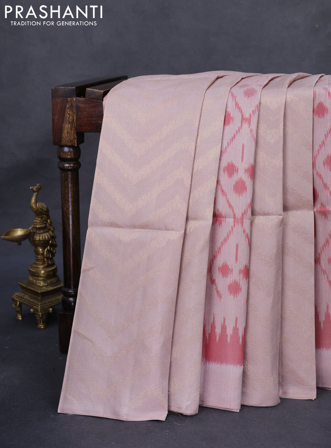 Ikat soft silk saree beige and pink with allover zari & ikat weaves in borderless style