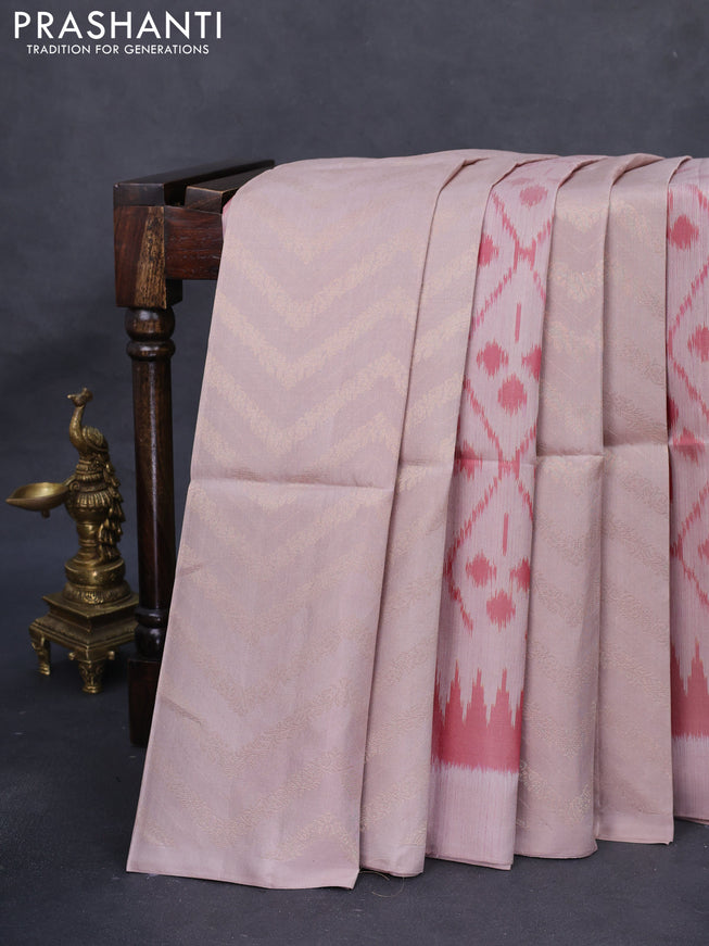 Ikat soft silk saree beige and pink with allover zari & ikat weaves in borderless style
