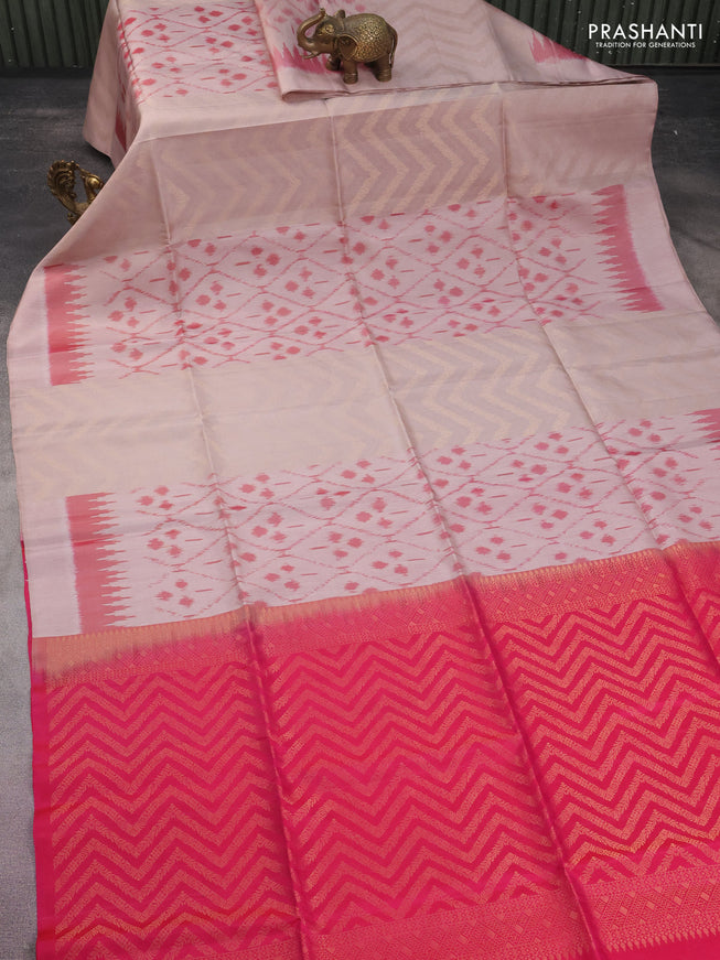 Ikat soft silk saree beige and pink with allover zari & ikat weaves in borderless style