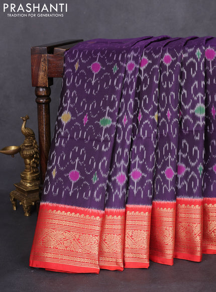 Ikat soft silk saree deep jamun and red with allover ikat weaves and zari woven border
