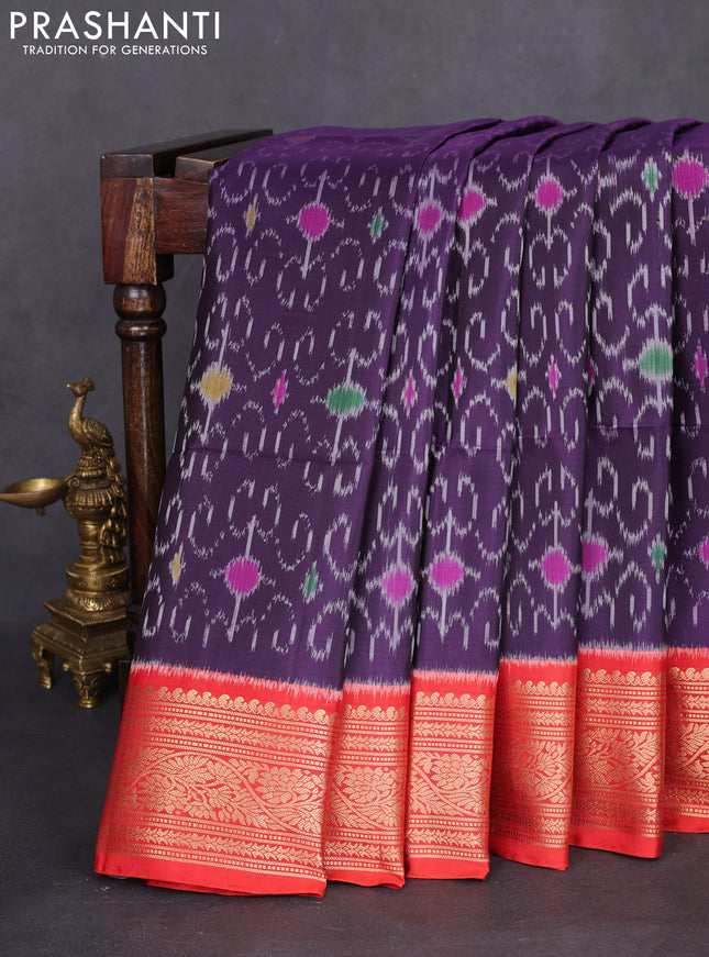 Ikat soft silk saree deep jamun and red with allover ikat weaves and zari woven border