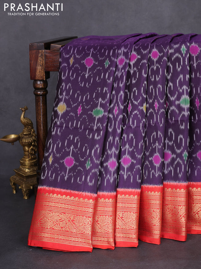 Ikat soft silk saree deep jamun and red with allover ikat weaves and zari woven border
