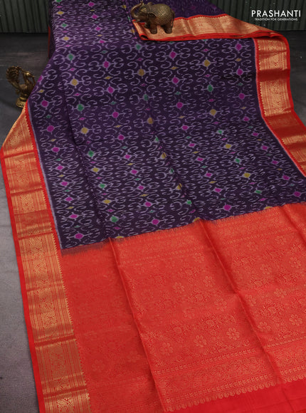 Ikat soft silk saree deep jamun and red with allover ikat weaves and zari woven border