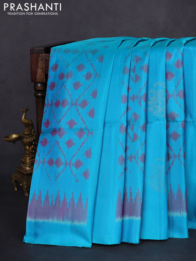 Ikat soft silk saree light blue and purple with allover zari & ikat weaves in borderless style