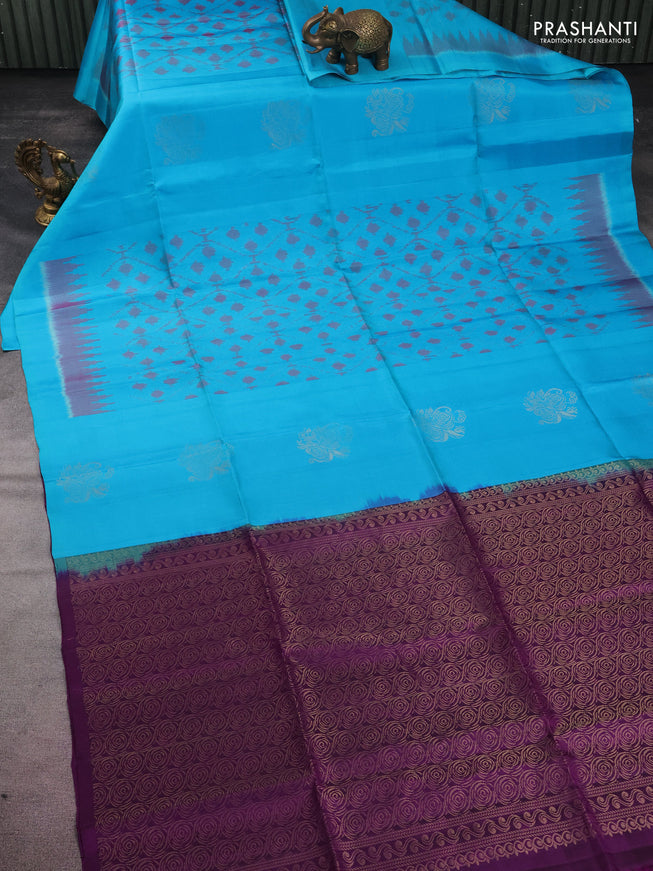 Ikat soft silk saree light blue and purple with allover zari & ikat weaves in borderless style