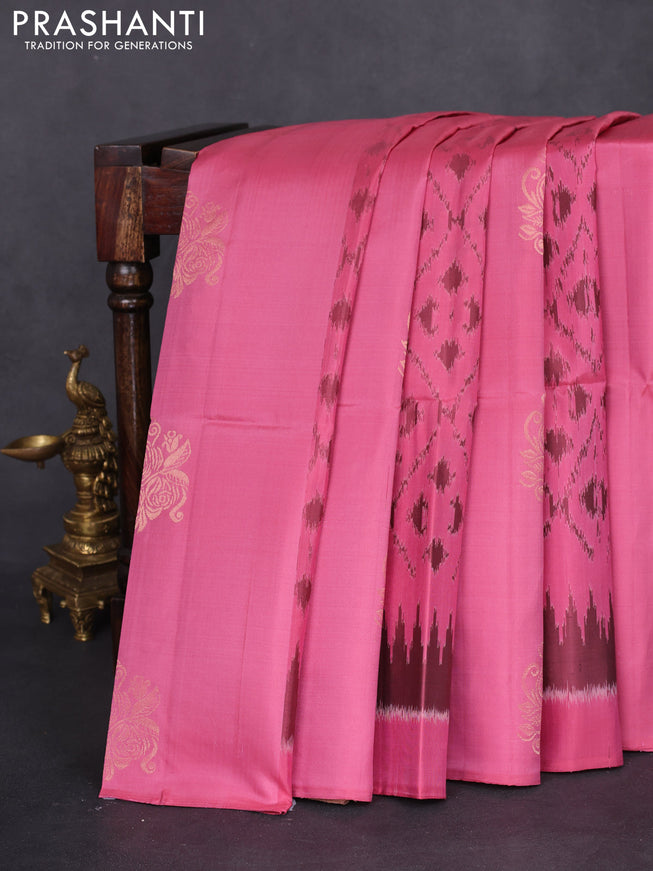 Ikat soft silk saree pastel pink and brown with allover zari & ikat weaves in borderless style