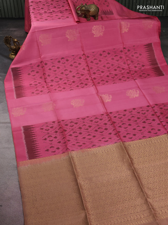 Ikat soft silk saree pastel pink and brown with allover zari & ikat weaves in borderless style