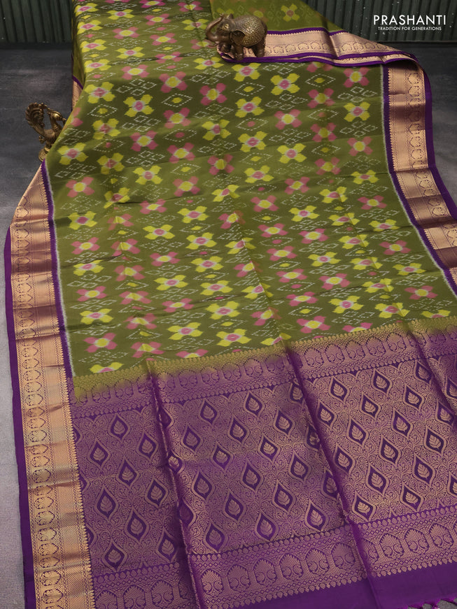 Ikat soft silk saree sap green and violet with allover ikat weaves and zari woven border