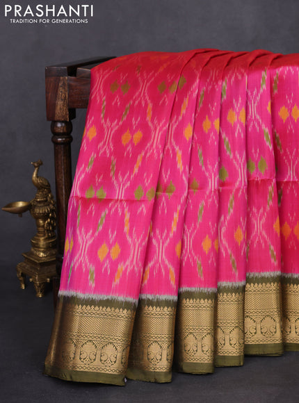 Ikat soft silk saree pink and mehendi green with allover ikat weaves and zari woven border