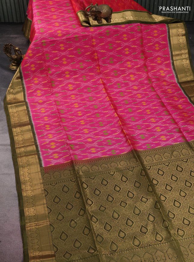 Ikat soft silk saree pink and mehendi green with allover ikat weaves and zari woven border