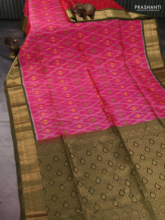 Ikat soft silk saree pink and mehendi green with allover ikat weaves and zari woven border