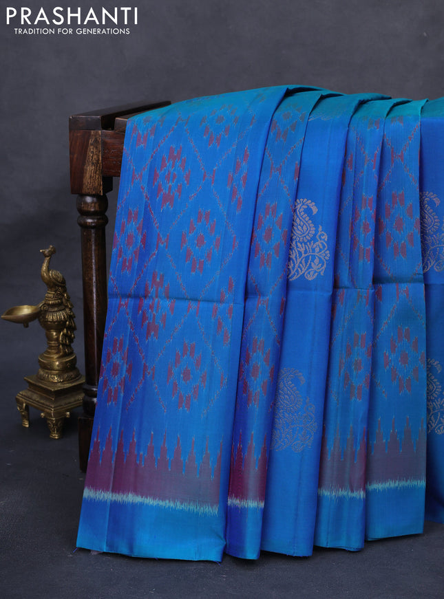 Ikat soft silk saree blue and pink with zari buttas & ikat weaes in borderless style