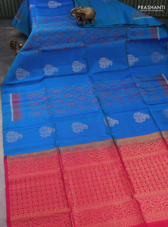 Ikat soft silk saree blue and pink with zari buttas & ikat weaes in borderless style