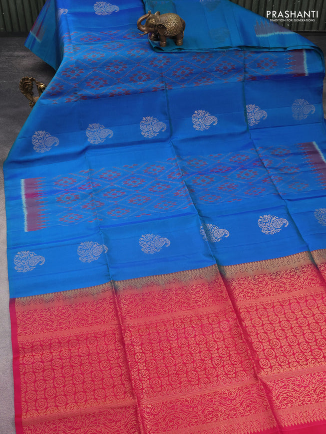 Ikat soft silk saree blue and pink with zari buttas & ikat weaes in borderless style