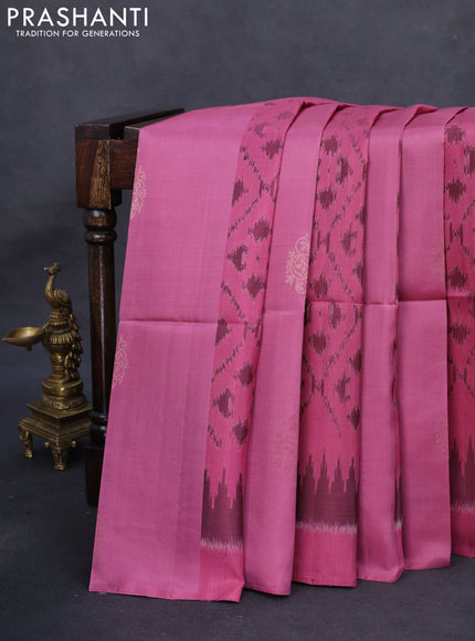Ikat soft silk saree mauve pink and pastel brown with zari buttas & ikat weaes in borderless style