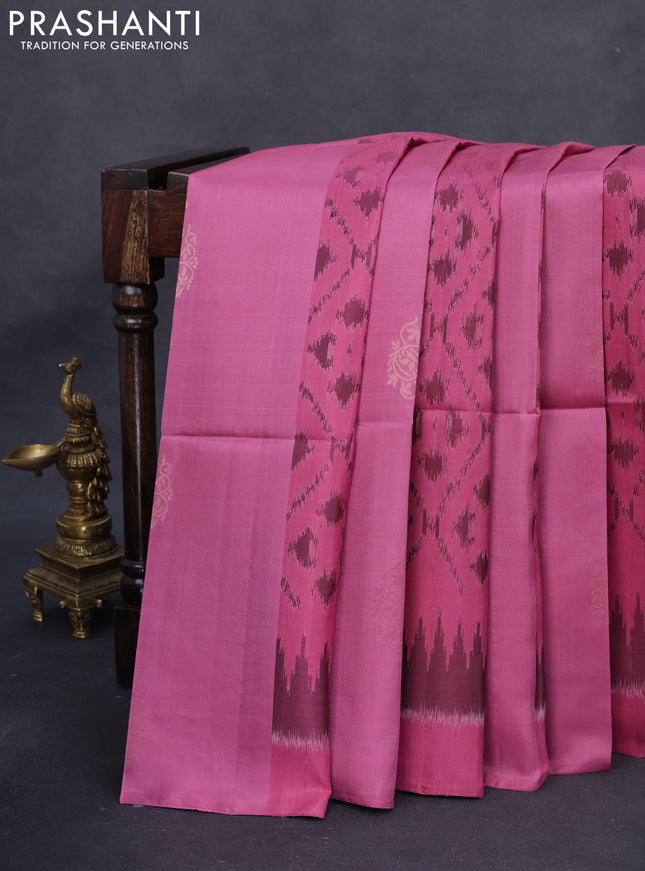 Ikat soft silk saree mauve pink and pastel brown with zari buttas & ikat weaes in borderless style