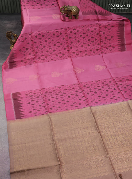Ikat soft silk saree mauve pink and pastel brown with zari buttas & ikat weaes in borderless style