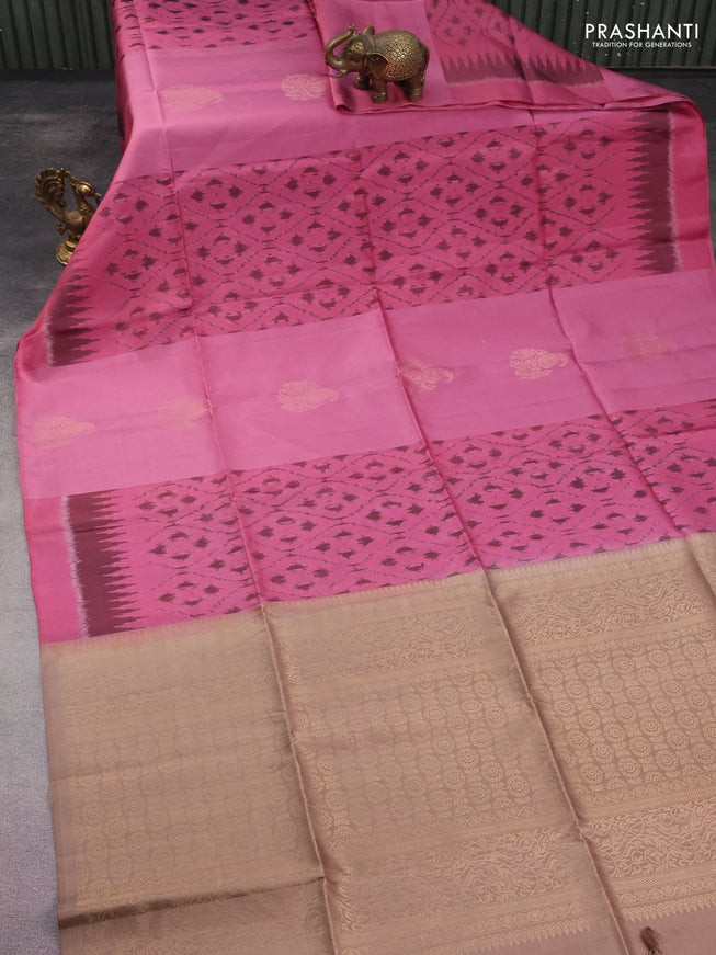 Ikat soft silk saree mauve pink and pastel brown with zari buttas & ikat weaes in borderless style
