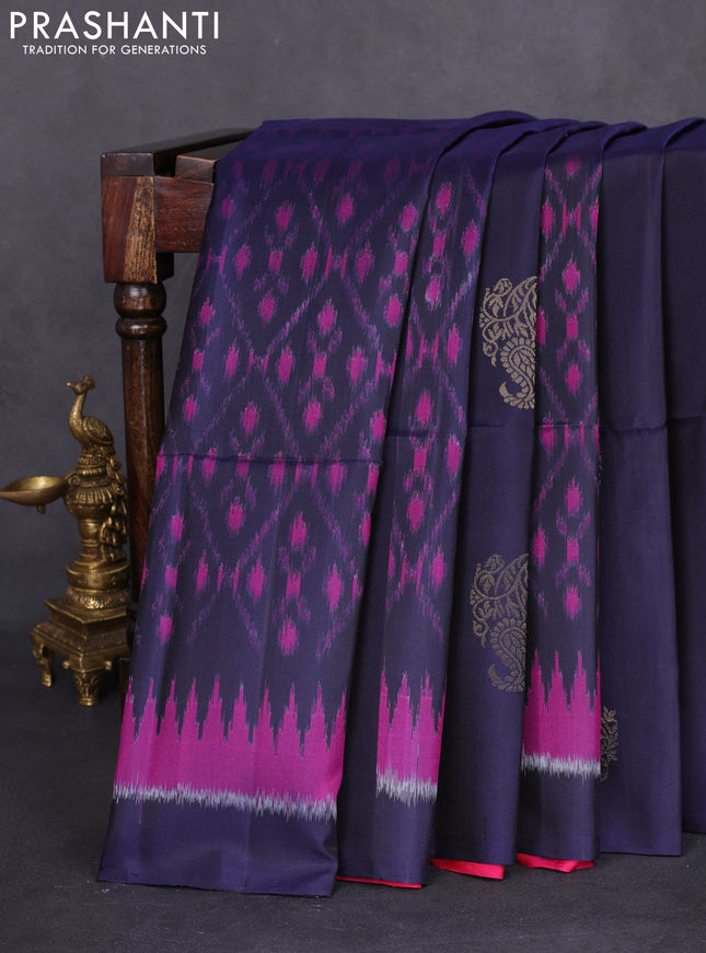 Ikat soft silk saree navy blue and pink with zari buttas & ikat weaes in borderless style