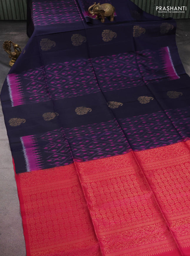 Ikat soft silk saree navy blue and pink with zari buttas & ikat weaes in borderless style