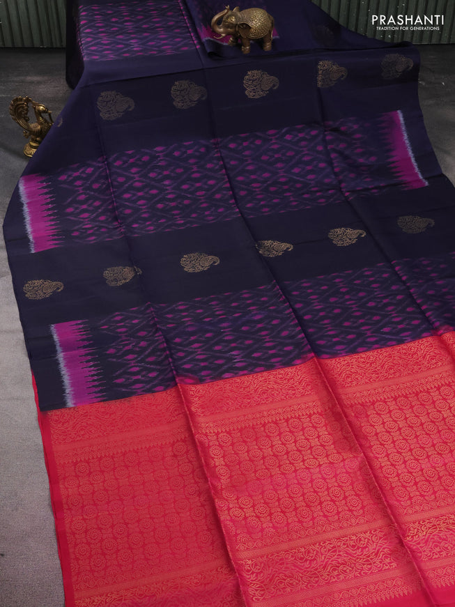 Ikat soft silk saree navy blue and pink with zari buttas & ikat weaes in borderless style