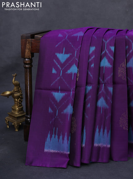 Ikat soft silk saree purple and dual shade of blue with zari buttas & ikat weaes in borderless style