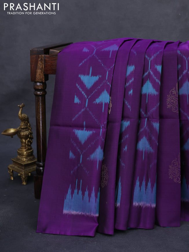 Ikat soft silk saree purple and dual shade of blue with zari buttas & ikat weaes in borderless style