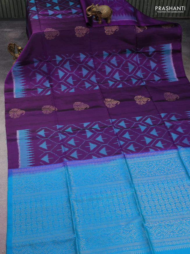 Ikat soft silk saree purple and dual shade of blue with zari buttas & ikat weaes in borderless style