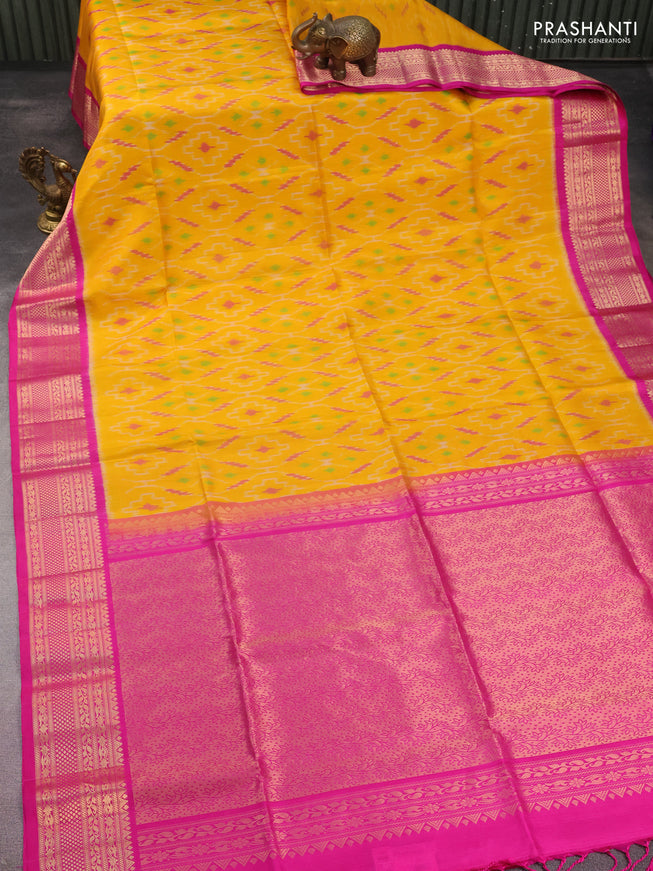 Ikat soft silk saree yellow and pink with allover ikat weaves and zari woven border