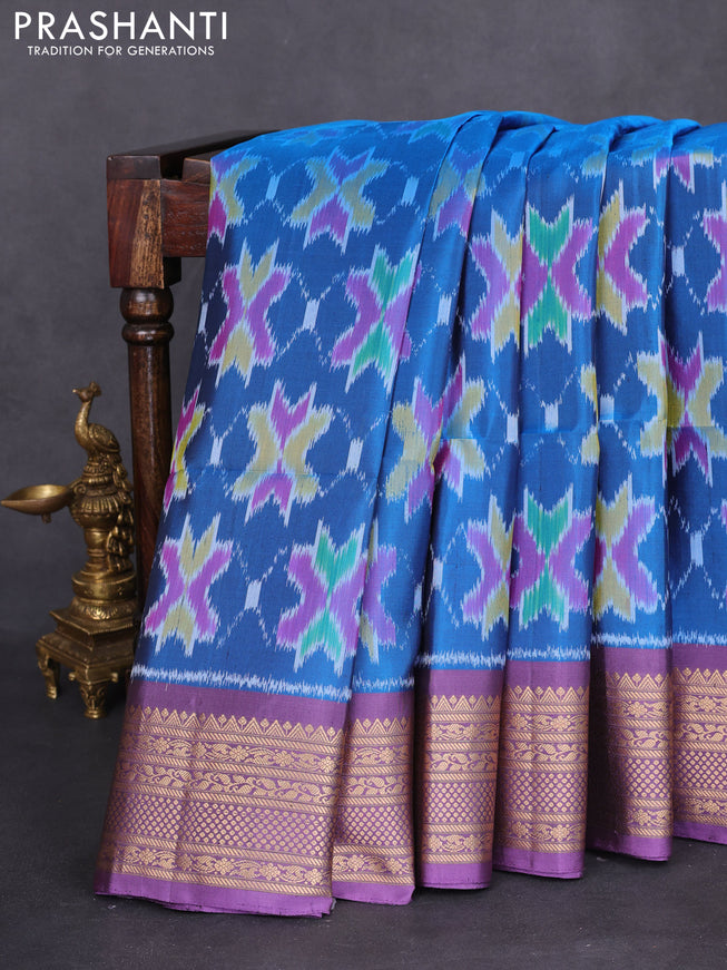 Ikat soft silk saree cs blue and lavender with allover zari woven buttas and zari woven border