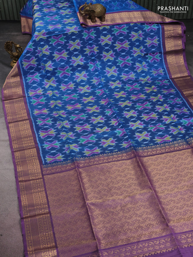Ikat soft silk saree cs blue and lavender with allover zari woven buttas and zari woven border
