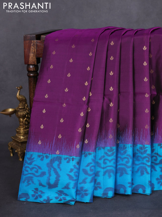 Ikat soft silk saree deep purple and teal blue with allover zari woven buttas and ikat style border