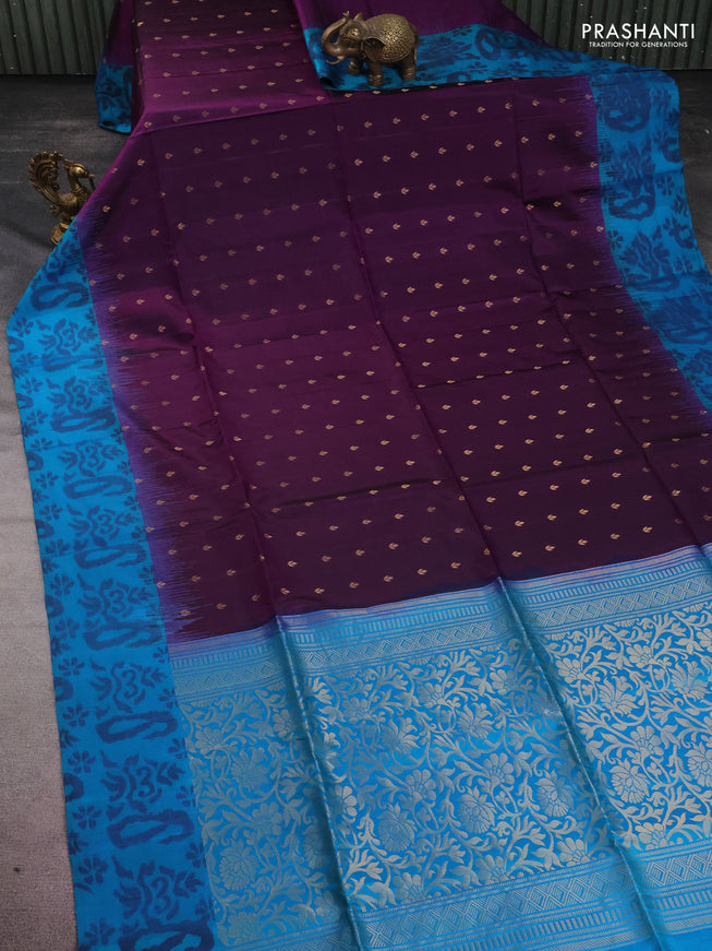 Ikat soft silk saree deep purple and teal blue with allover zari woven buttas and ikat style border
