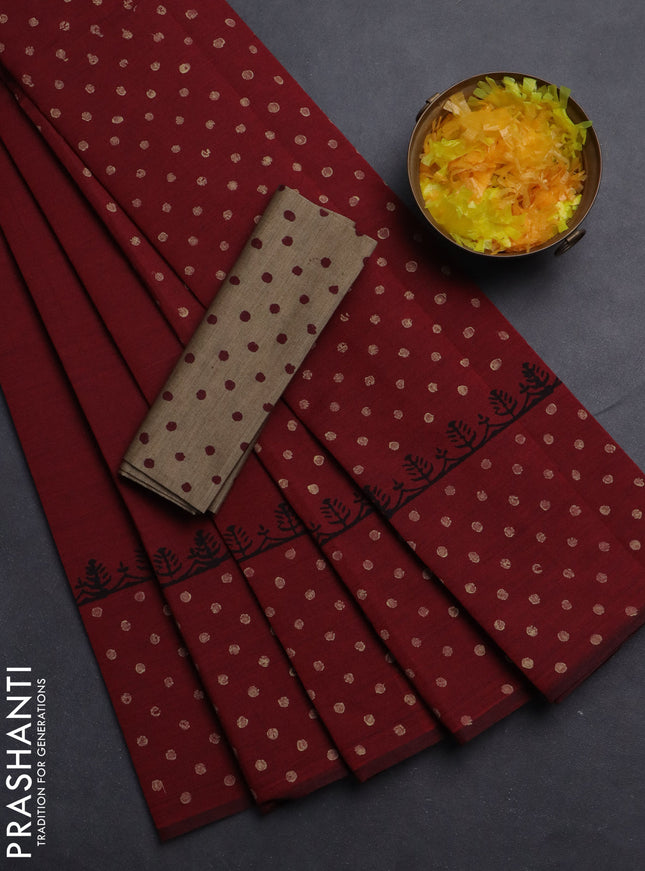 Semi silk cotton saree maroon and beige with plain body and printed border