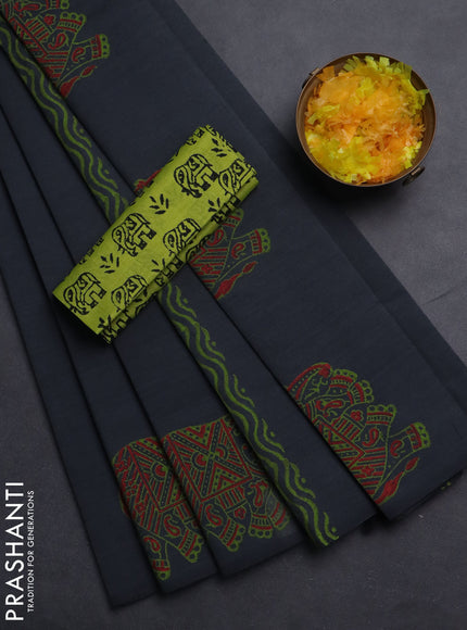 Semi silk cotton saree elephant grey and fluorescent green with elephant butta prints in borderless style
