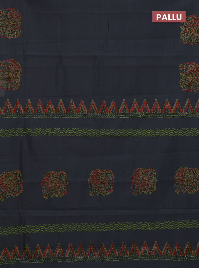 Semi silk cotton saree elephant grey and fluorescent green with elephant butta prints in borderless style