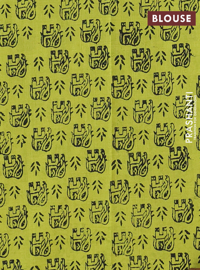 Semi silk cotton saree elephant grey and fluorescent green with elephant butta prints in borderless style