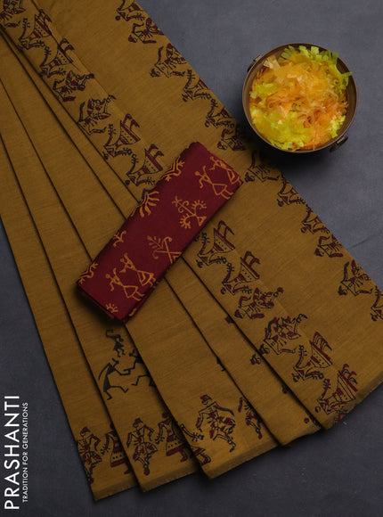 Semi silk cotton saree mustard shade and maroon with butta prints and printed border