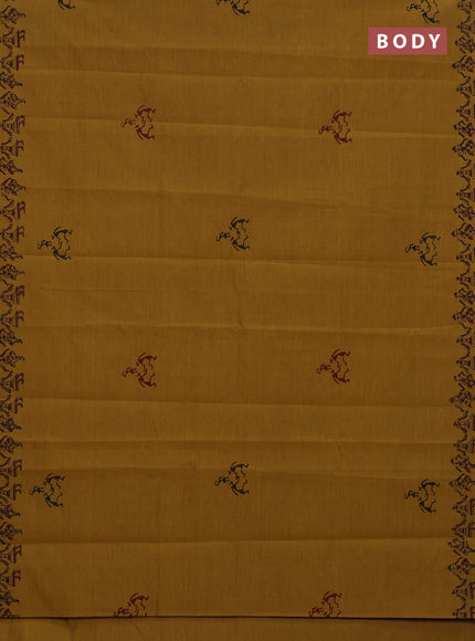 Semi silk cotton saree mustard shade and maroon with butta prints and printed border