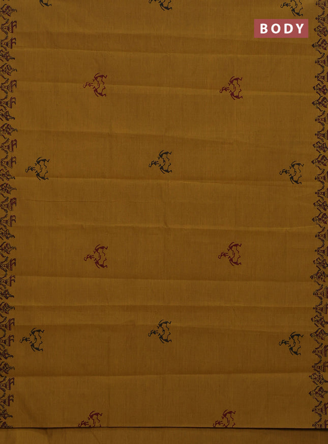 Semi silk cotton saree mustard shade and maroon with butta prints and printed border