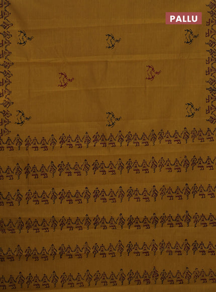 Semi silk cotton saree mustard shade and maroon with butta prints and printed border