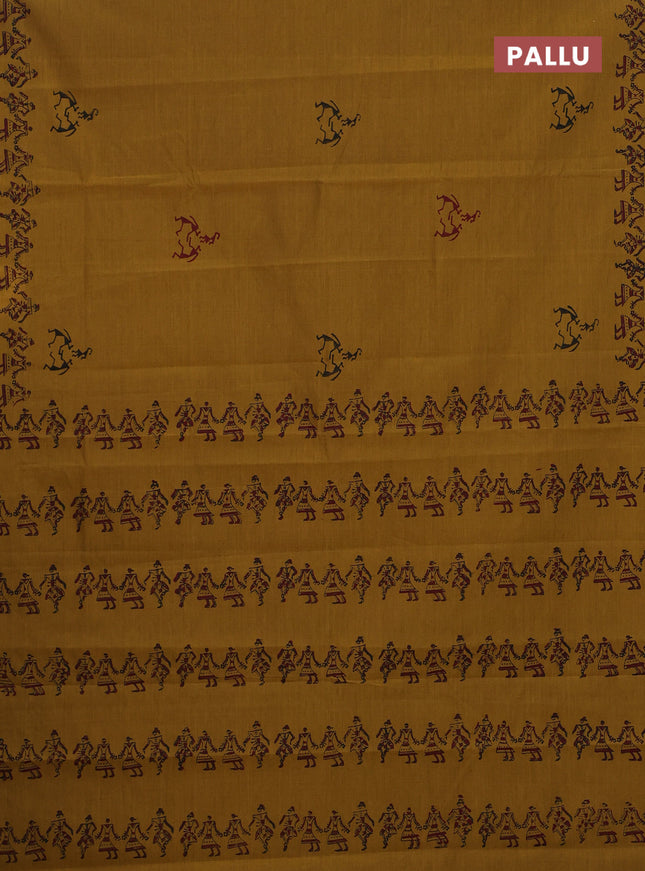Semi silk cotton saree mustard shade and maroon with butta prints and printed border