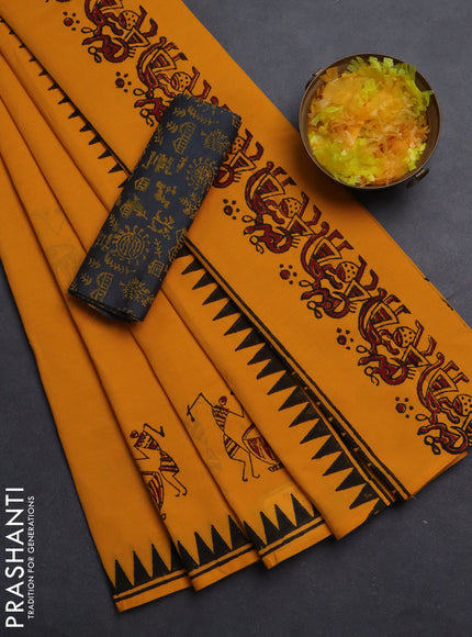 Semi silk cotton saree mango yellow and elephant grey with butta prints and printed border
