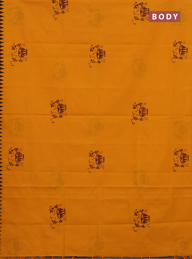 Semi silk cotton saree mango yellow and elephant grey with butta prints and printed border