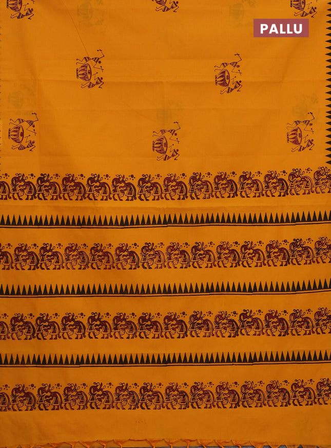 Semi silk cotton saree mango yellow and elephant grey with butta prints and printed border